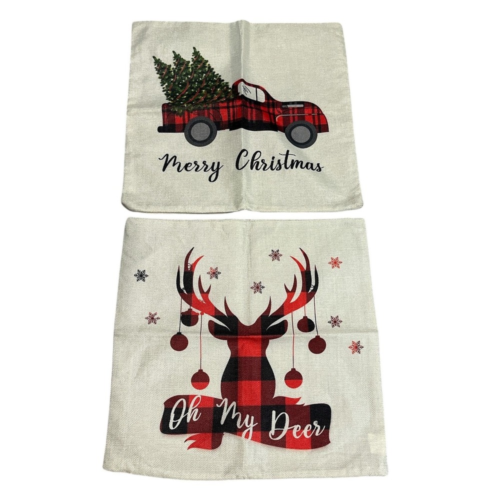 2 Decorative‎ Pillow Covers Christmas Deer Truck Outdoors 17x17 Zip Closure NWOT